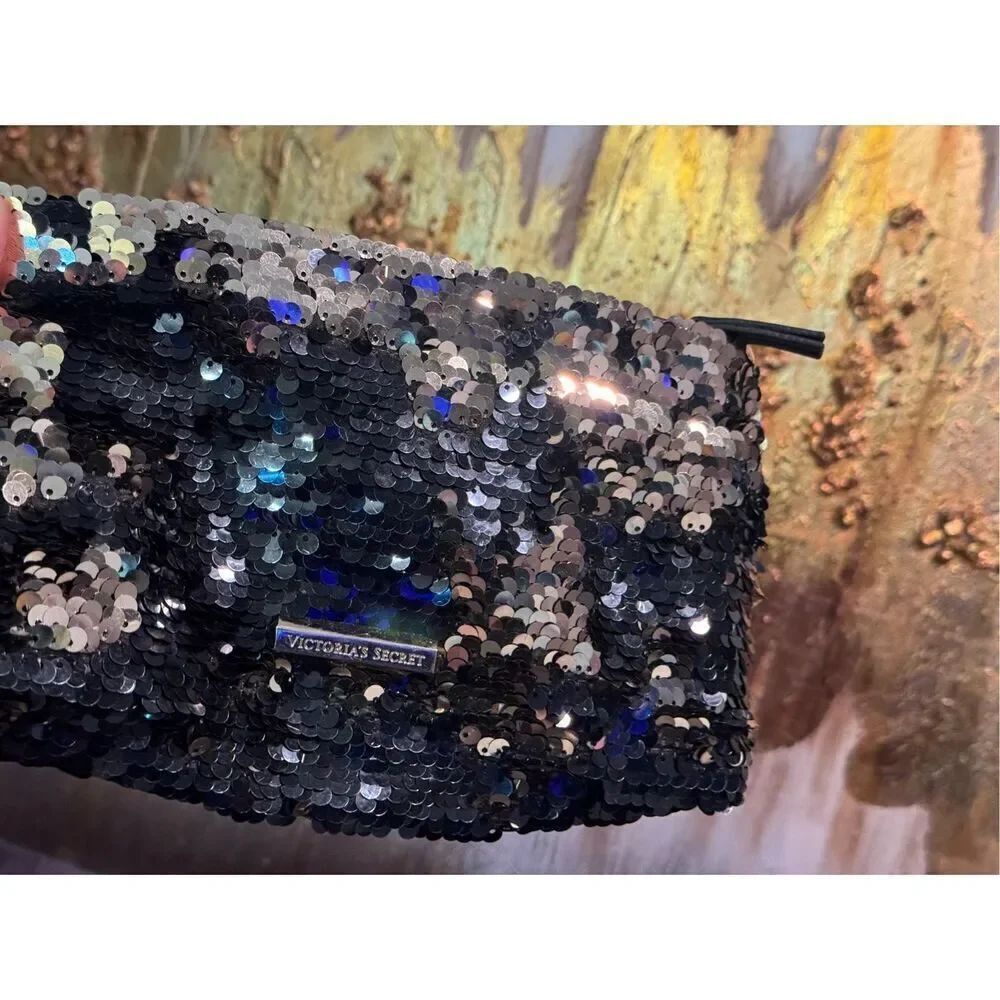 VS victorias secret black/gold sequin clutch toiletry/cosmetic makeup case/bag